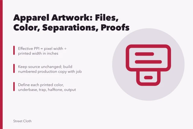 Apparel artwork guide covering vector and raster files, resolution, color, separations, and proofs. Apparel artwork guide: dimensions, vector and raster files, color, type, separations, and proofs