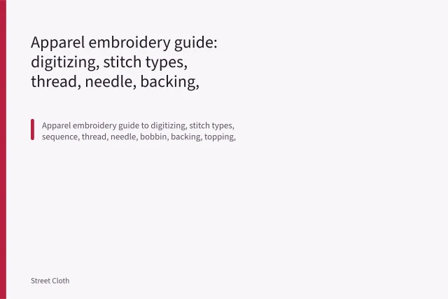 Embroidery machine stitching a design onto a hooped garment. Apparel embroidery guide: digitizing, stitch types, thread, needle, backing, hooping, and inspection