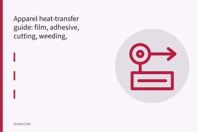 Heat press applying a transfer graphic to a garment. Apparel heat-transfer guide: film, adhesive, cutting, weeding, placement, pressing, and testing
