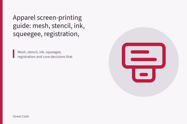 Squeegee pulling ink across mesh screen on a screen-printing press. Apparel screen-printing guide: mesh, stencil, ink, squeegee, registration, cure, and inspection