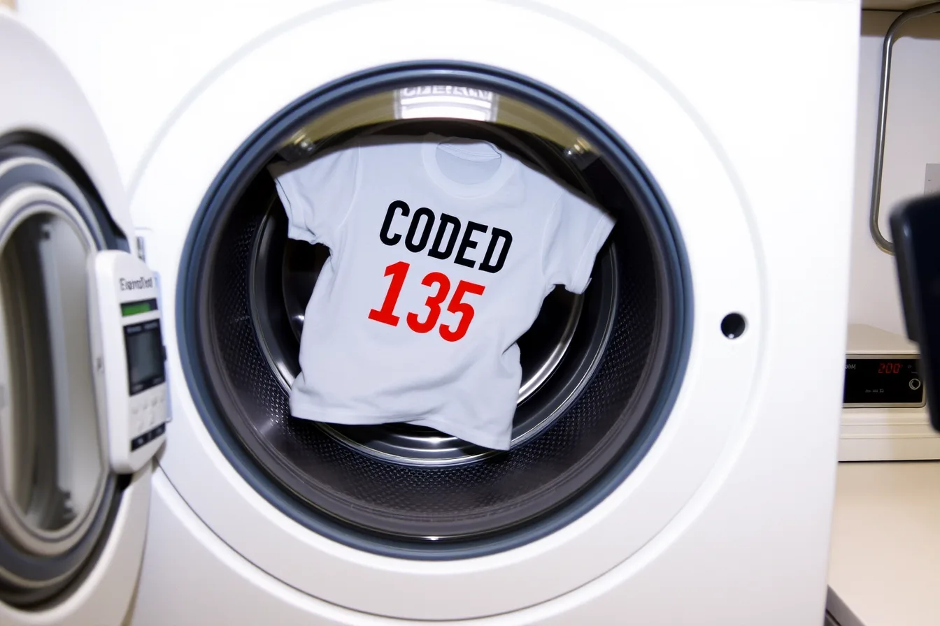 Decorated t-shirt specimen tumbling in a laboratory washer during a print wash test. How to build a repeatable apparel print wash-test program