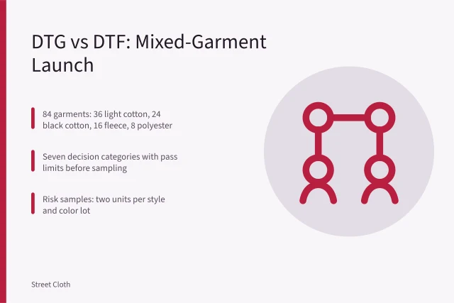 Card comparing DTG and DTF for an 84-garment mixed launch. Choosing DTG or DTF for a short mixed-garment launch case