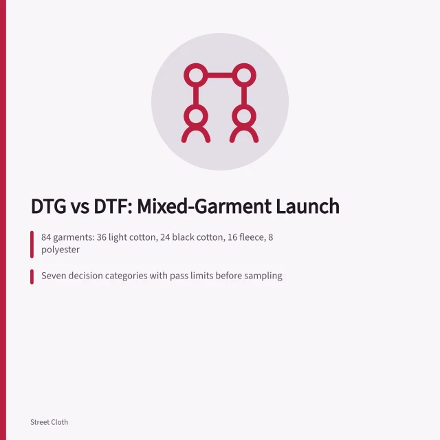 Card comparing DTG and DTF for an 84-garment mixed launch. Choosing DTG or DTF for a short mixed-garment launch case