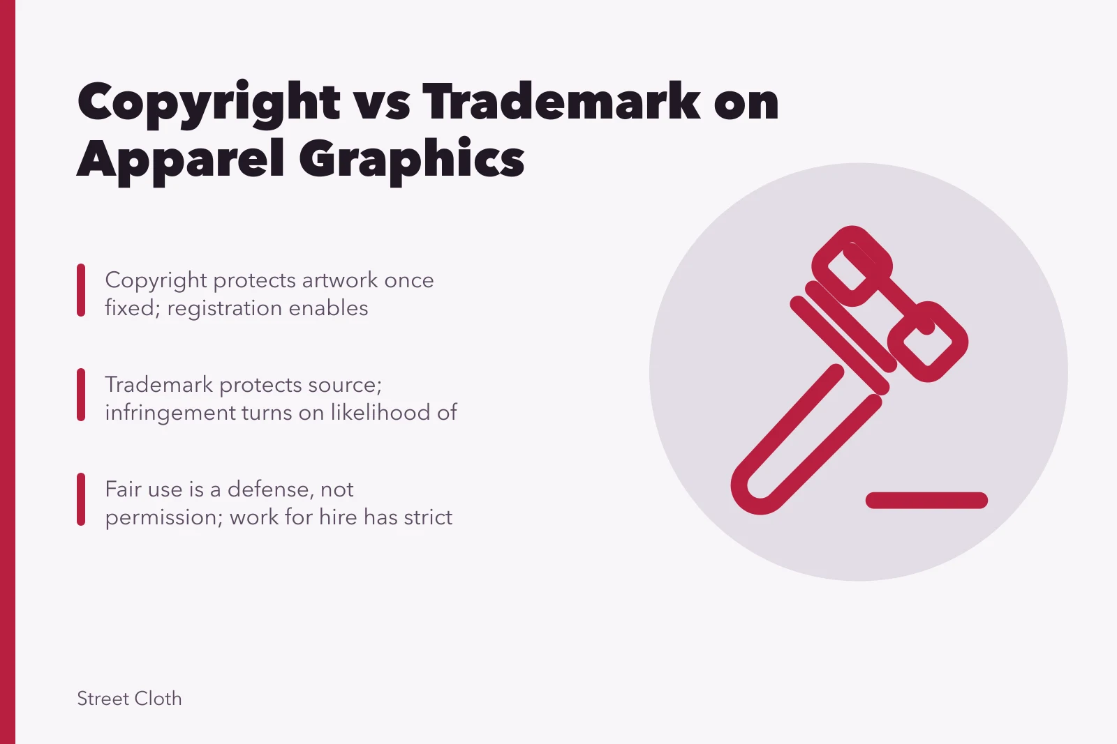 Legal card comparing copyright and trademark for graphic apparel designs. How US copyright and trademark law applies to graphic apparel artwork
