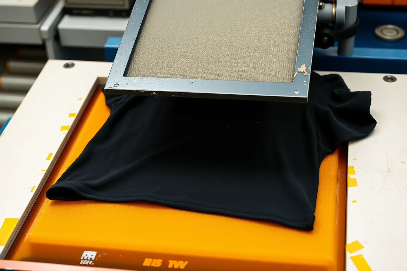 Three-color screen printing press platen holding a shirt mid-print. Correcting registration drift in a three-color shirt run case