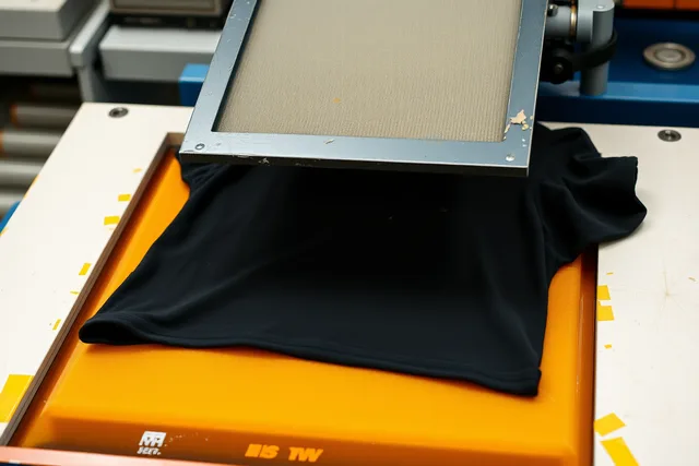 Three-color screen printing press platen holding a shirt mid-print. Correcting registration drift in a three-color shirt run case