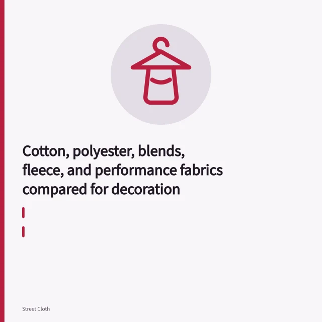 Squeegee pulling water-based ink across cotton jersey on a screen printing platen. Cotton, polyester, blends, fleece, and performance fabrics compared for decoration