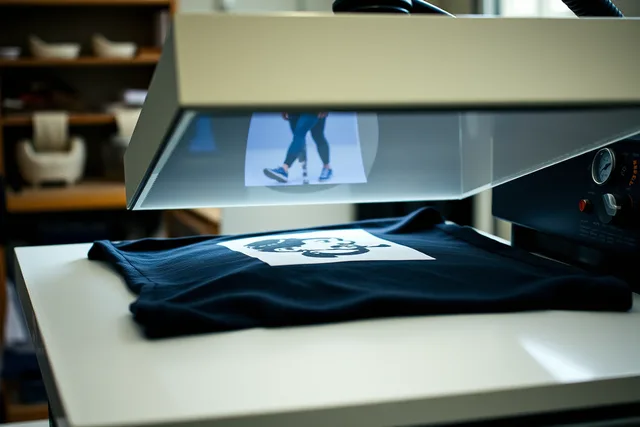 Heat press applying a transfer film to a t-shirt on the lower platen. Heat-transfer production checklist: film, garment, press settings, peel and wash