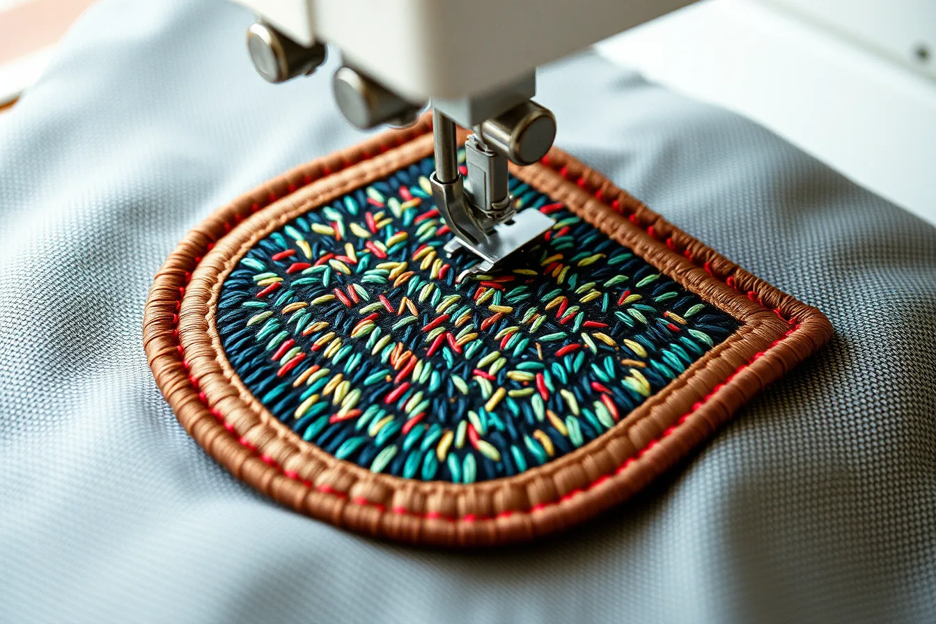 Embroidered patch sewn onto a streetwear garment with dense colored thread stitches. Direct embroidery, woven patch, embroidered patch, applique, and printed patch compared