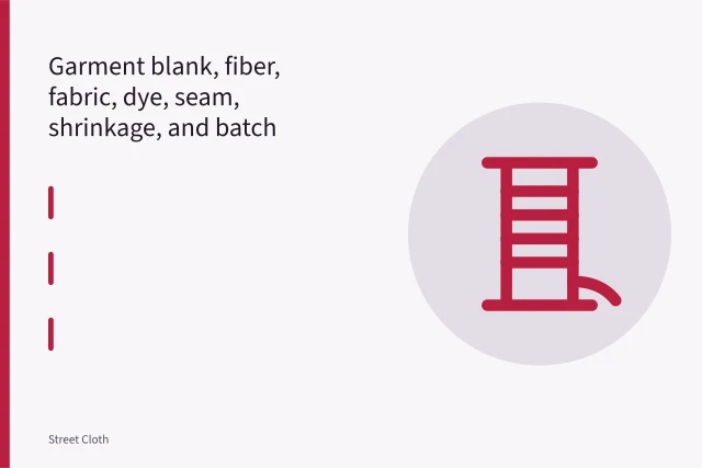Blank t-shirt inspected on cutting table with measuring tape and color swatches. Garment blank, fiber, fabric, dye, seam, shrinkage, and batch checklist