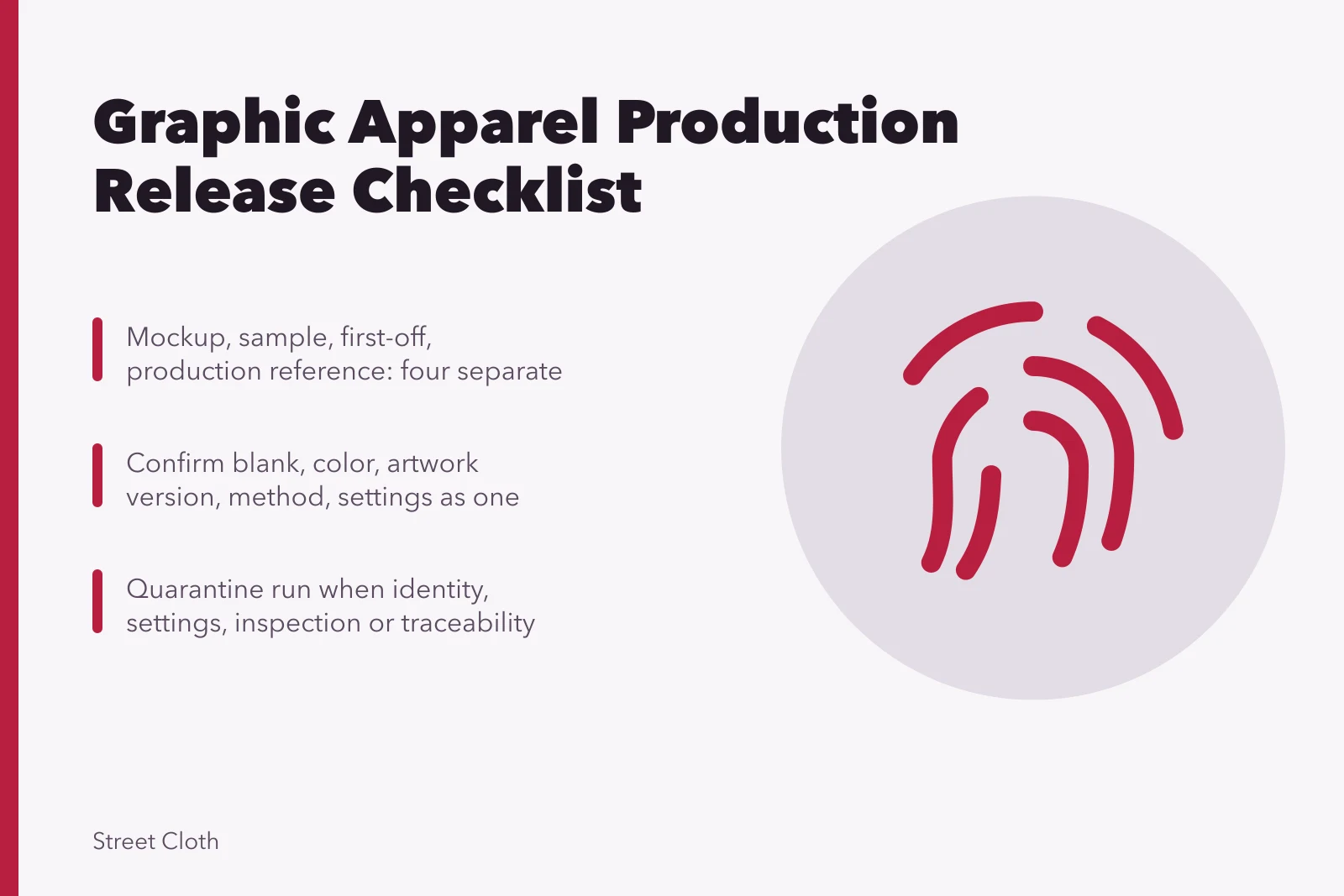 Checklist card for graphic apparel production gates from brief to release. Graphic apparel brief, sample, proof, production, inspection, and release checklist