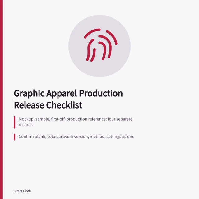 Checklist card for graphic apparel production gates from brief to release. Graphic apparel brief, sample, proof, production, inspection, and release checklist