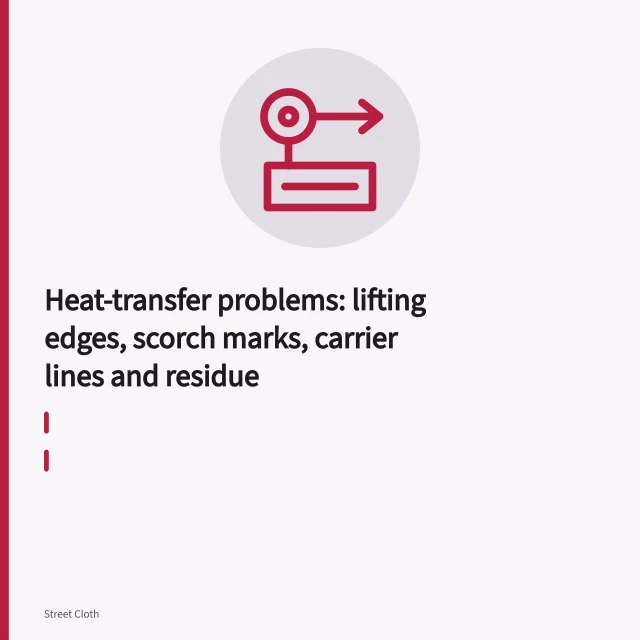 Heat press lowering onto a garment with transfer carrier film on the print. Heat-transfer problems: lifting edges, scorch marks, carrier lines and residue