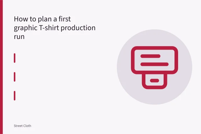 Graphic T-shirt on a screen printing press platen with mesh screen lowered. How to plan a first graphic T-shirt production run