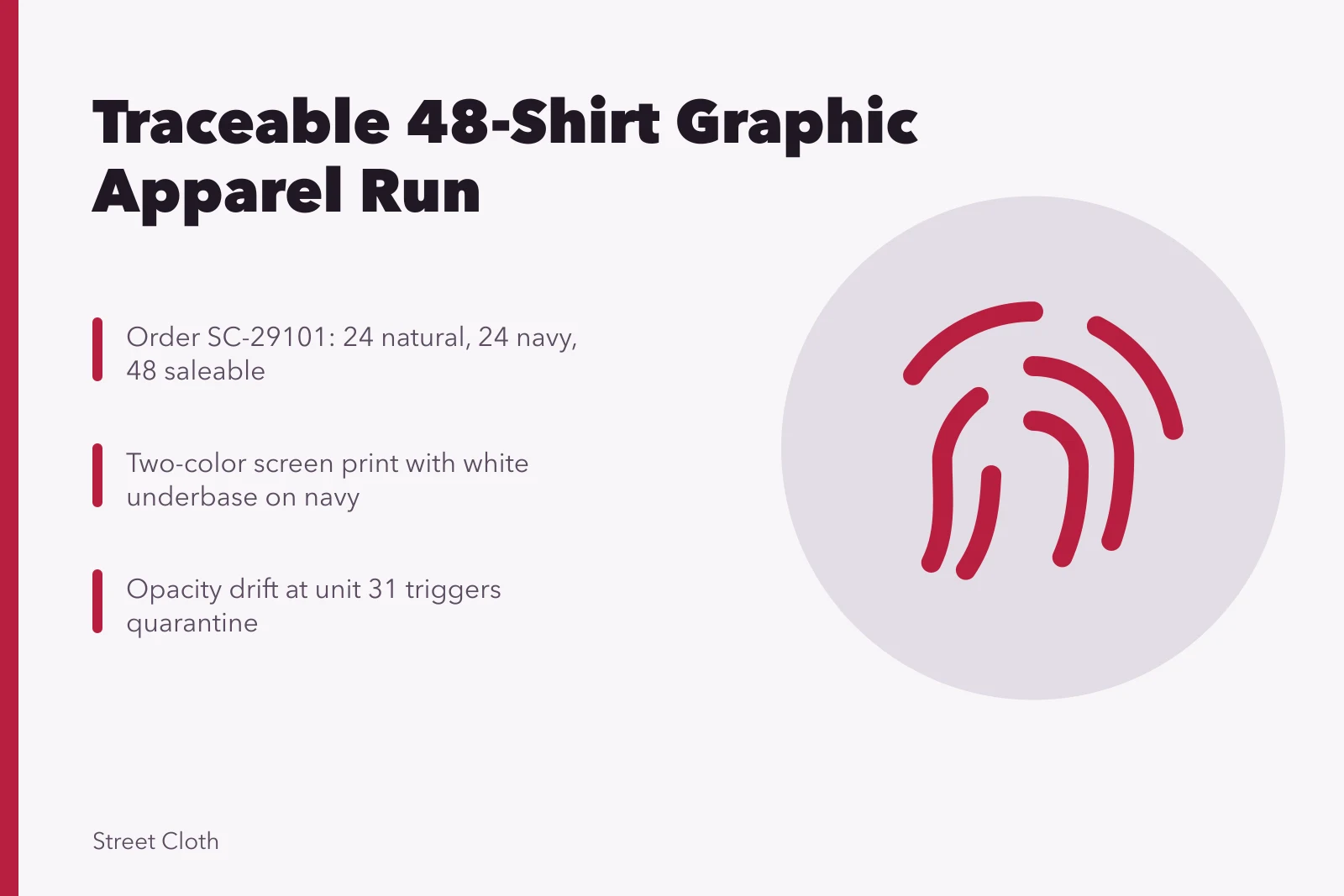 Traceable 48-shirt graphic apparel run with size matrix and proof approval. Planning a traceable 48-shirt graphic apparel run case