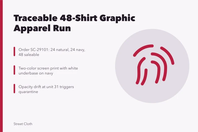Traceable 48-shirt graphic apparel run with size matrix and proof approval. Planning a traceable 48-shirt graphic apparel run case