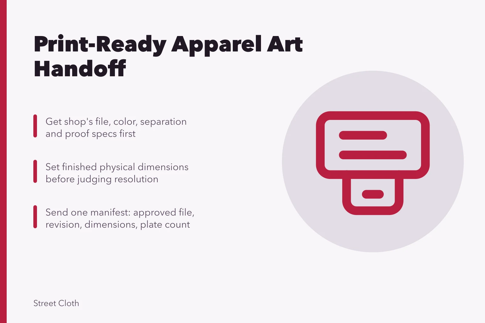 Checklist card for building a print-ready graphic apparel artwork package. How to prepare a print-ready graphic apparel artwork package