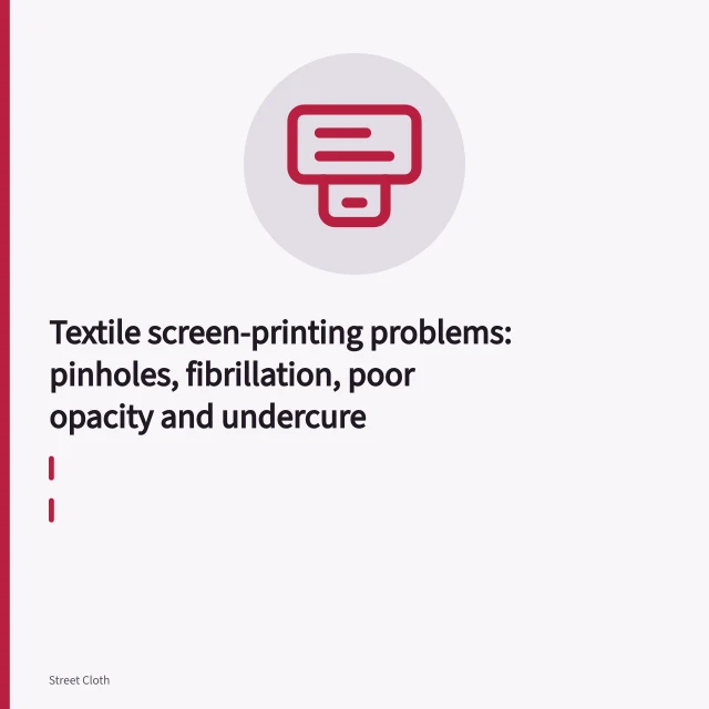 Squeegee pulling ink across mesh screen on textile screen-printing press. Textile screen-printing problems: pinholes, fibrillation, poor opacity and undercure