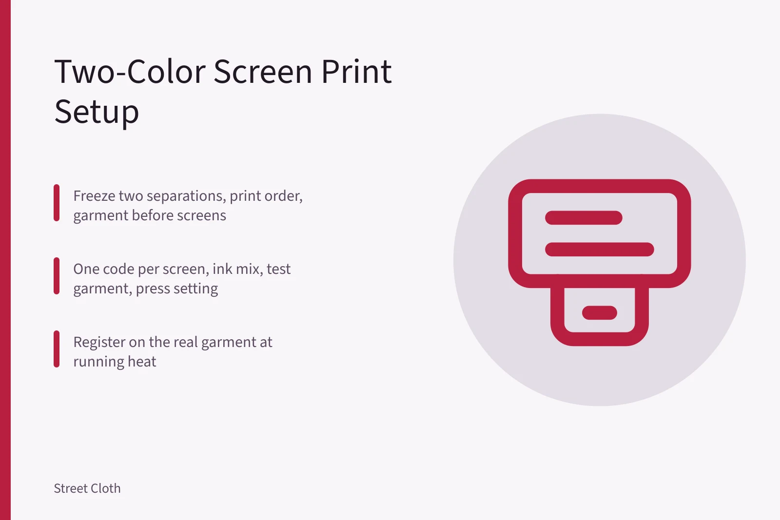 Two-color screen printing press with two registered screens printing a shirt. How to set up and document a two-color textile screen print