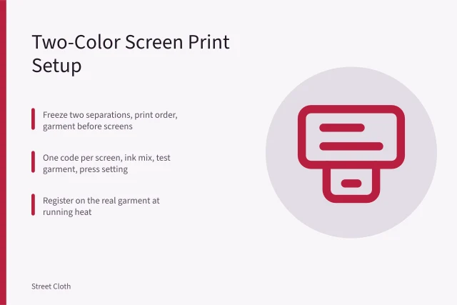 Two-color screen printing press with two registered screens printing a shirt. How to set up and document a two-color textile screen print
