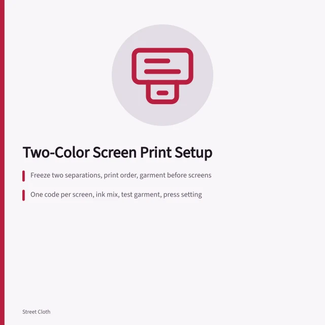 Two-color screen printing press with two registered screens printing a shirt. How to set up and document a two-color textile screen print