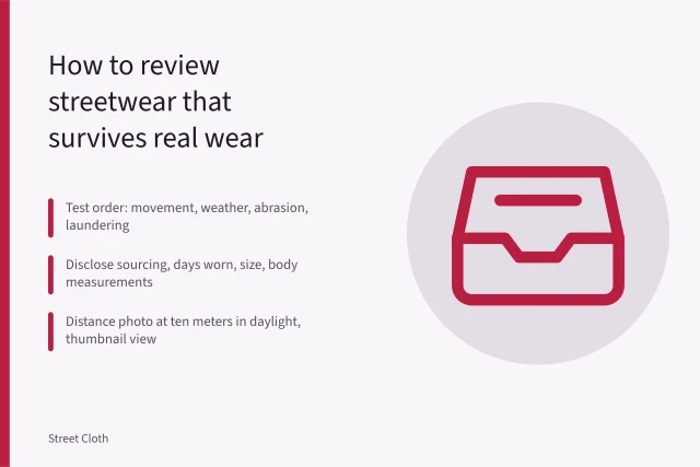 Checklist card for testing and disclosing streetwear garment reviews. Street style reviews: the version that survives contact with reality