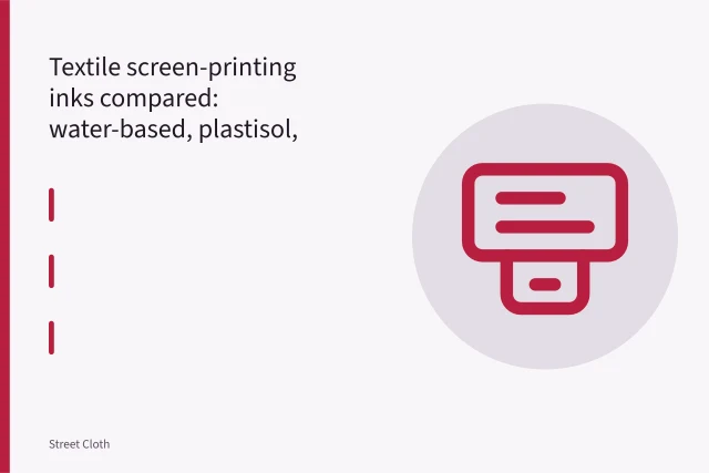 Squeegee pulling ink across a screen onto a cotton t-shirt. Textile screen-printing inks compared: water-based, plastisol, discharge and specialty