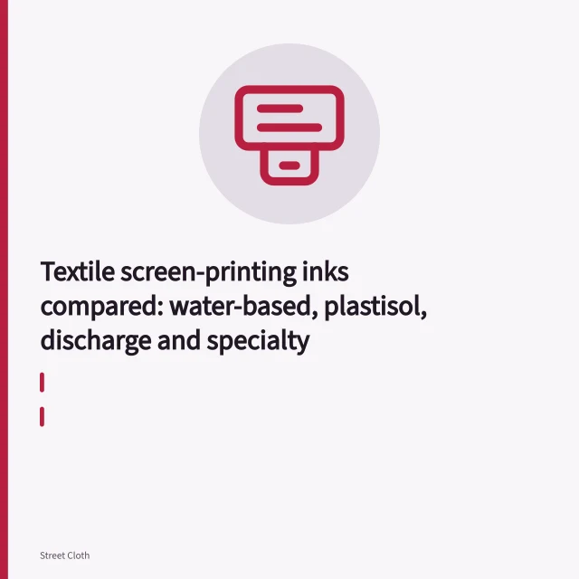 Squeegee pulling ink across a screen onto a cotton t-shirt. Textile screen-printing inks compared: water-based, plastisol, discharge and specialty