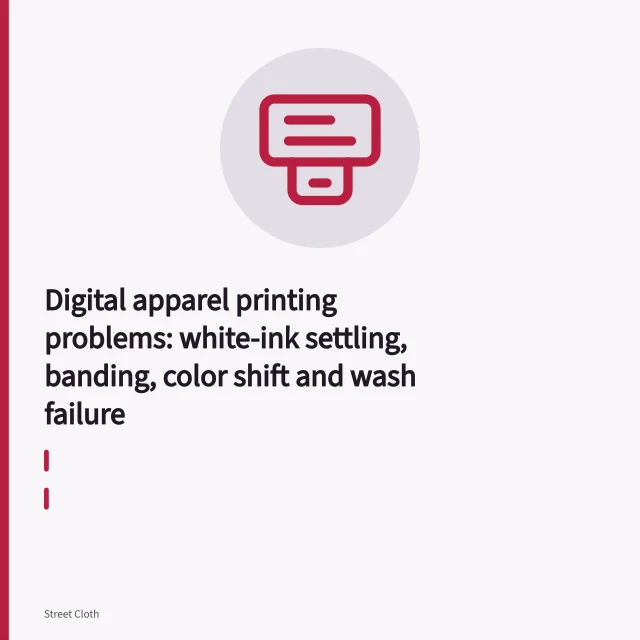 DTG printer laying white ink on a dark pretreated t-shirt. Digital apparel printing problems: white-ink settling, banding, color shift and wash failure