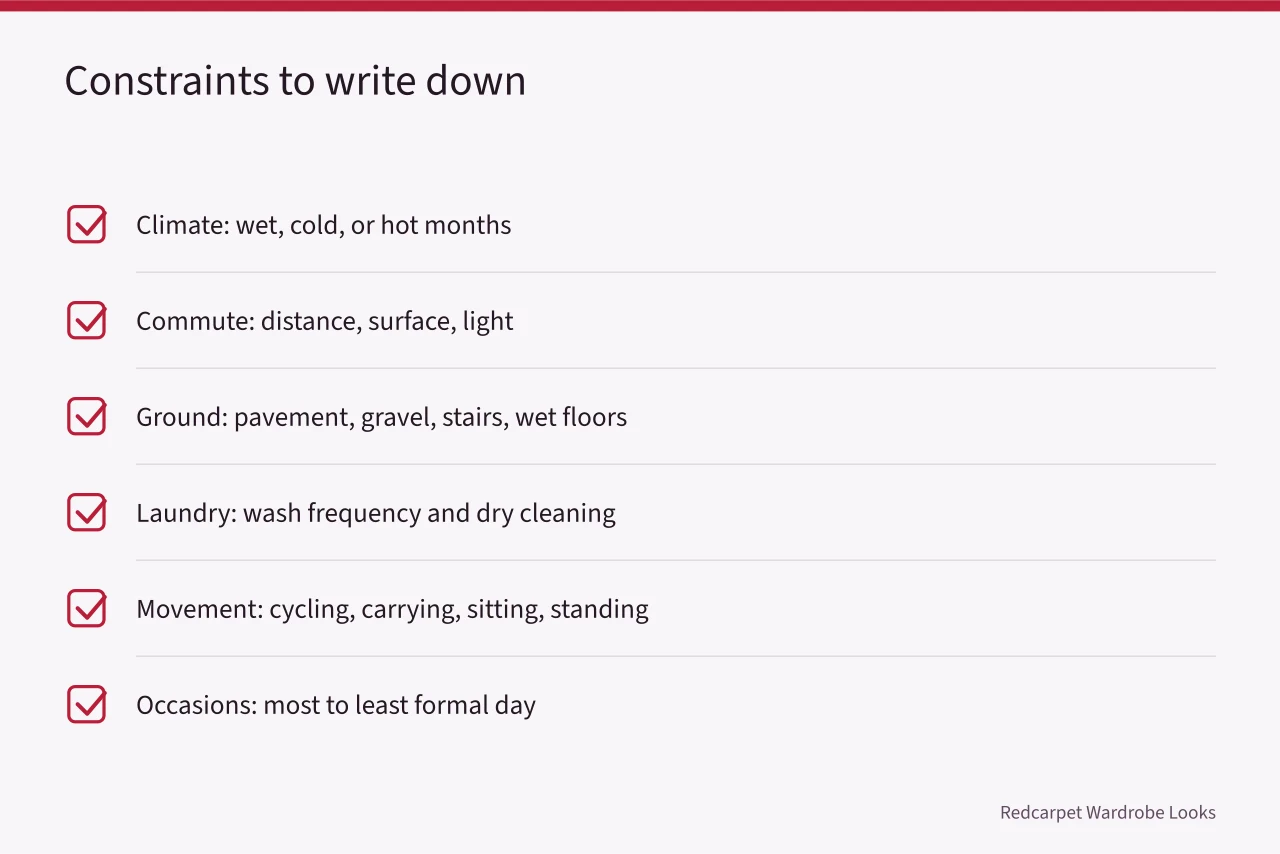 Checklist of six personal constraints: climate, commute, ground, laundry, movement, occasions (Five steps that turn street style into an actual outfit)