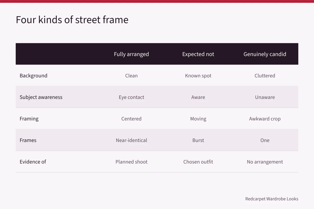 Comparison table of four street-photography frame types and their visual tells (Is street style really about the clothes, or something else entirely?)