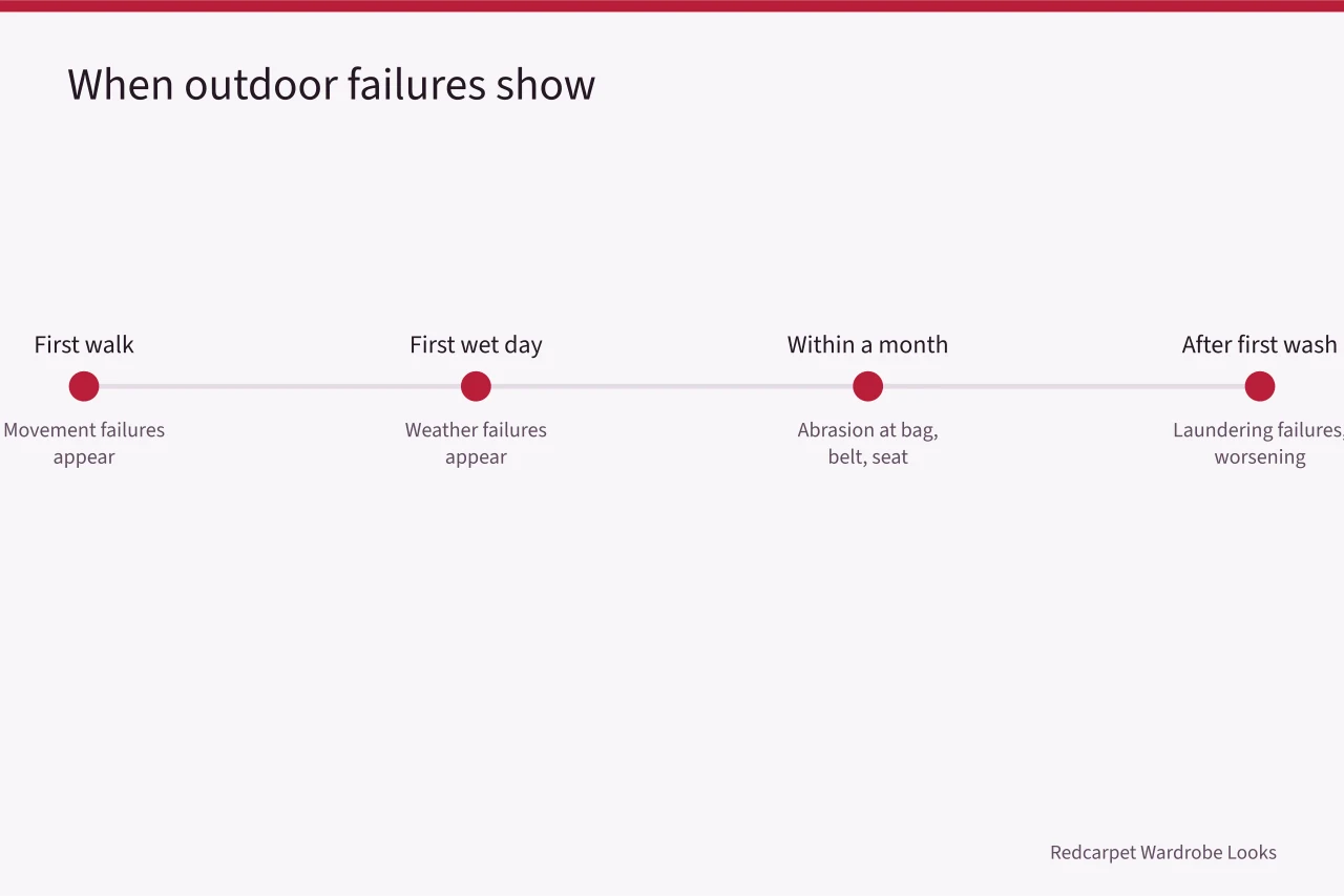 Timeline showing when each type of garment failure appears (Street style reviews: the version that survives contact with reality)