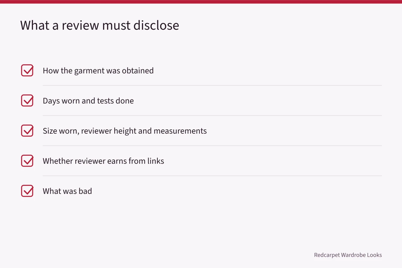 Checklist of five disclosures every garment review must include (Street style reviews: the version that survives contact with reality)
